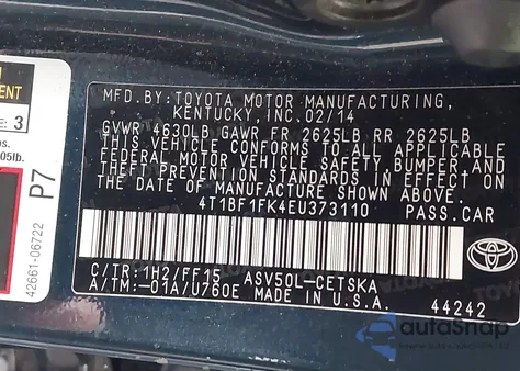 2014 Toyota Camry Se из США, поврежденный, VIN 4T1BF1FK4EU373110